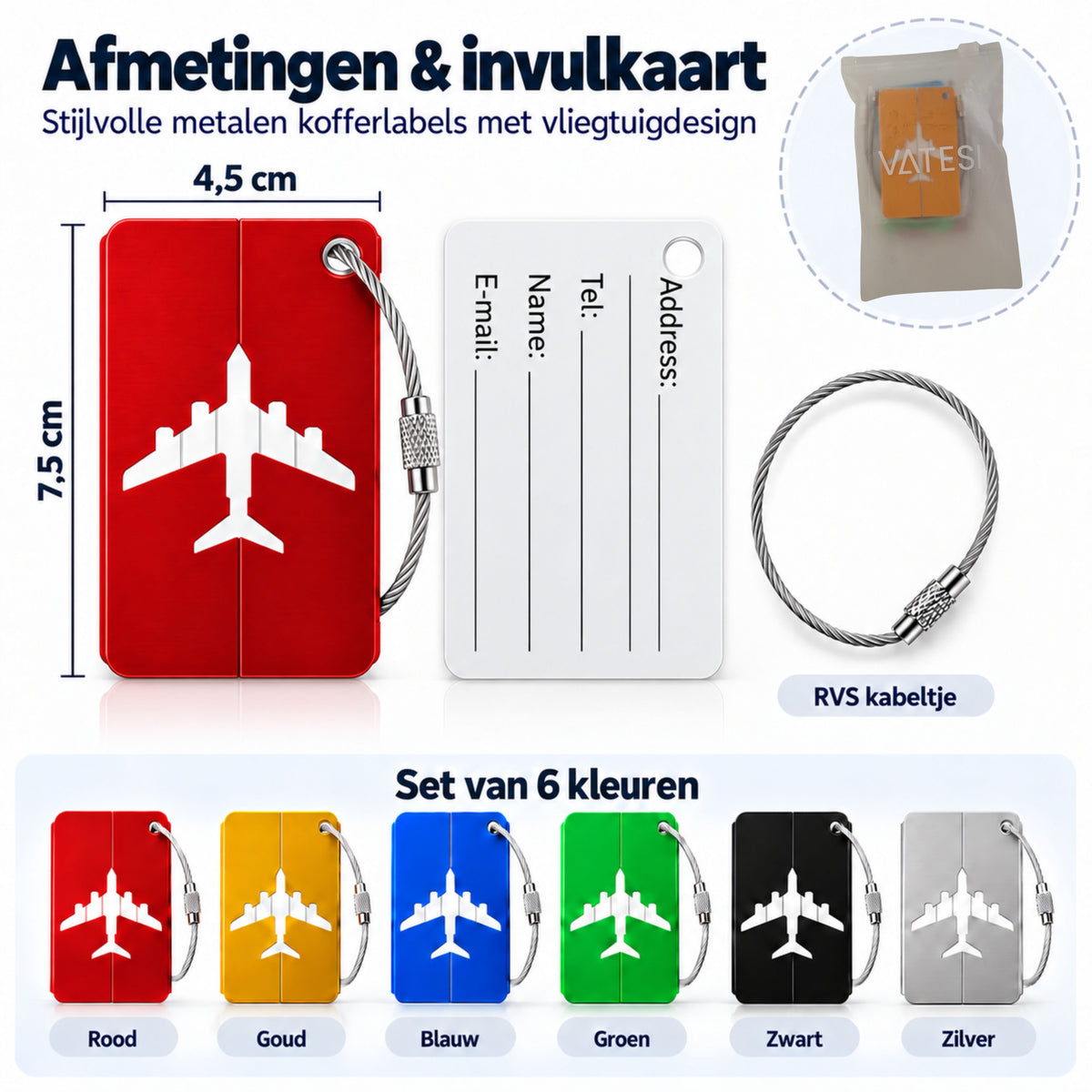 Kofferlabels 6 Stuks - Aliminium Bagagelabels - Naamlabel - Reisaccessoire - Set van 6 Kleuren
