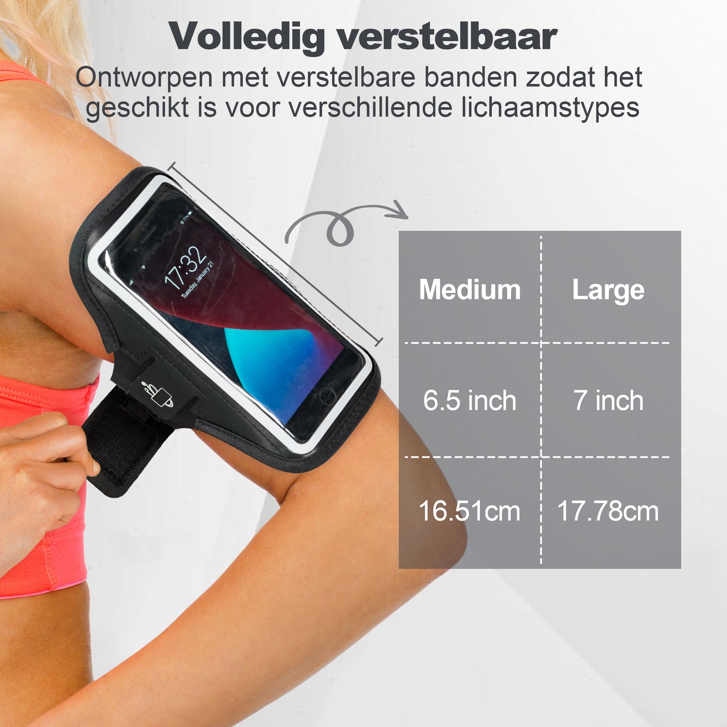 De hardloop telefoonhouder komt in 2 verschillende maten