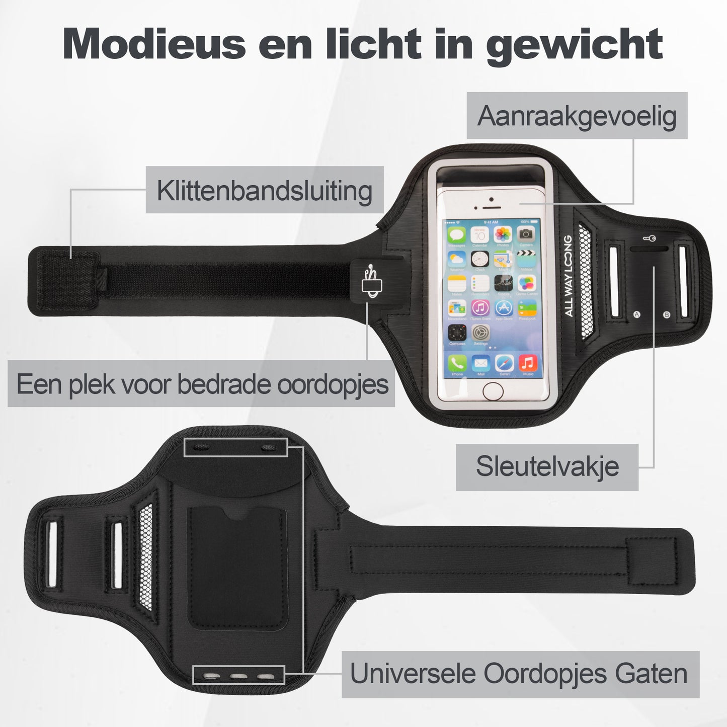 Extra opbergruimte in telefoonhouder armband voor sleutels