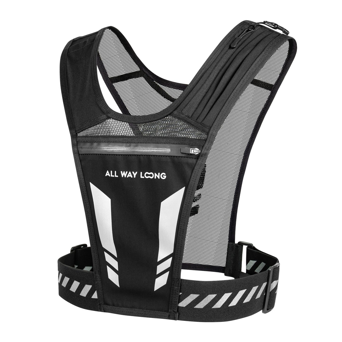 Voorkant van reflecterend hardloopvest met bidon- en telefoonhouder