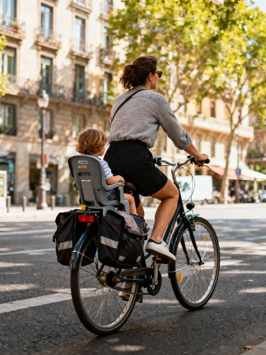 Fiets met fietstassen en kinderzitje