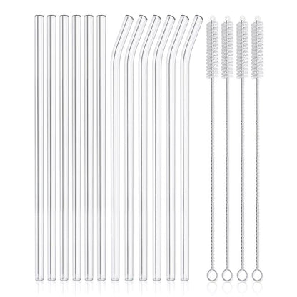 Herbruikbare Glazen Rietjes - Met Schoonmaakborsteltjes - Rietjes Glas - Cocktail Rietjes - Transparant - 12 Stuks