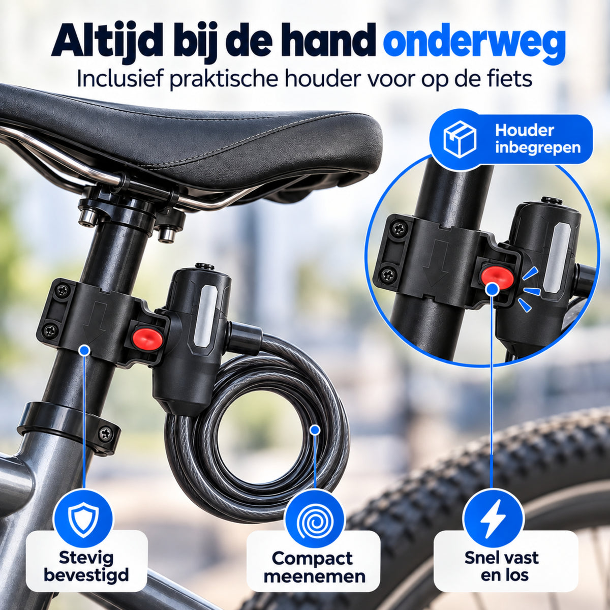 Fietsslot met Houder - Kabelslot - Spiraalslot - 120 cm - met Sleutels - Zwart