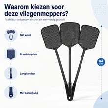 Vliegenmepper Plastic - 3 Stuks - Lange Steel - Ophangbaar- Vliegenvanger voor Binnen en Buiten - Zwart