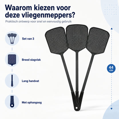 Vliegenmepper Plastic - 3 Stuks - Lange Steel - Ophangbaar- Vliegenvanger voor Binnen en Buiten - Zwart