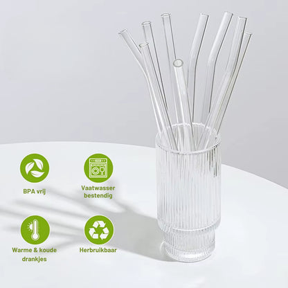 Herbruikbare Glazen Rietjes - Met Schoonmaakborsteltjes - Rietjes Glas - Cocktail Rietjes - Transparant - 12 Stuks