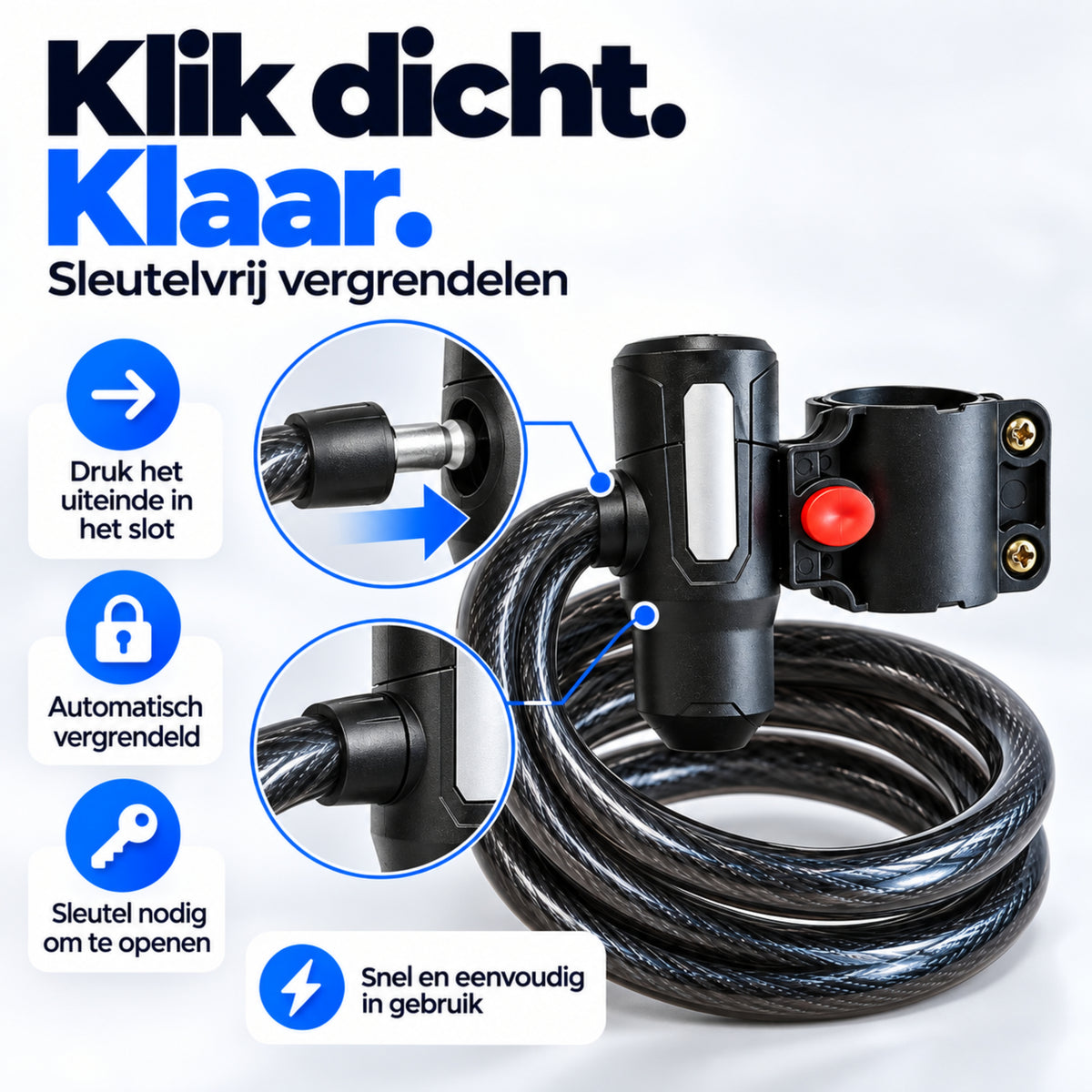 Fietsslot met Houder - Kabelslot - Spiraalslot - 120 cm - met Sleutels - Zwart