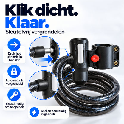 Fietsslot met Houder - Kabelslot - Spiraalslot - 120 cm - met Sleutels - Zwart