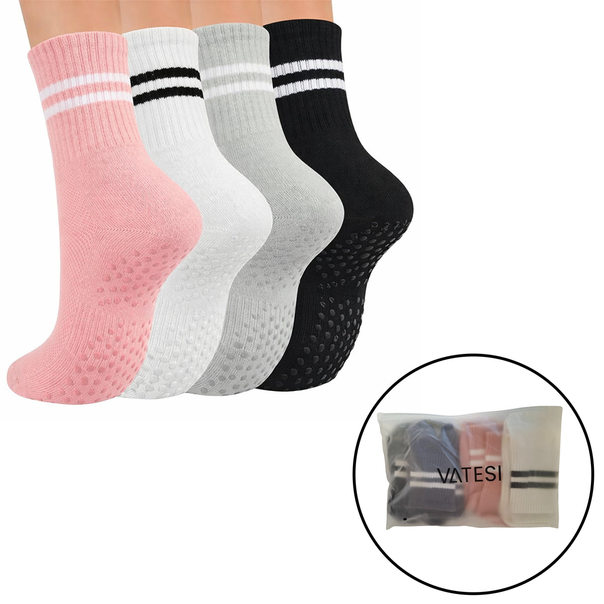 Pilates Sokken Antislip Dames - Yoga Sokken Hoog - Gripsokken voor Yoga / Pilates / Ballet - One Size - Set van 4 - Zwart, Grijs, Roze, Wit
