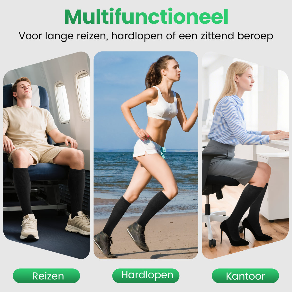 3 Paar Compressiekousen 15-20 mmHg - Hardloopsokken - Compressie Sokken voor Hardlopen, Vliegtuig, Wandelen - Zwart