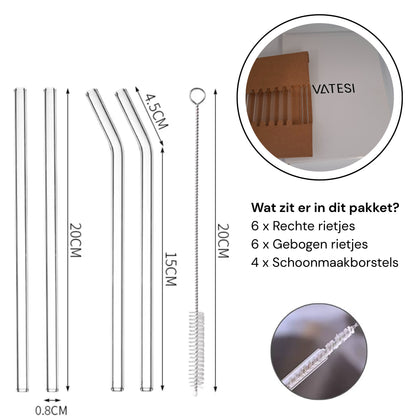 Herbruikbare Glazen Rietjes - Met Schoonmaakborsteltjes - Rietjes Glas - Cocktail Rietjes - Transparant - 12 Stuks