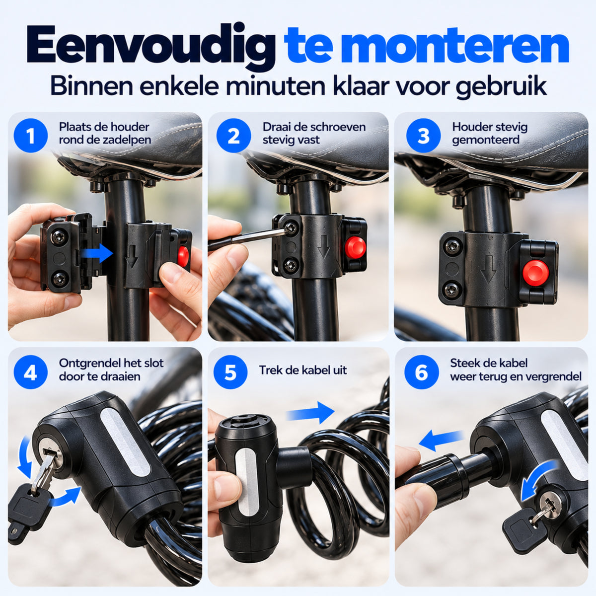Fietsslot met Houder - Kabelslot - Spiraalslot - 120 cm - met Sleutels - Zwart