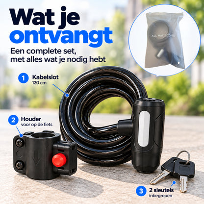 Fietsslot met Houder - Kabelslot - Spiraalslot - 120 cm - met Sleutels - Zwart