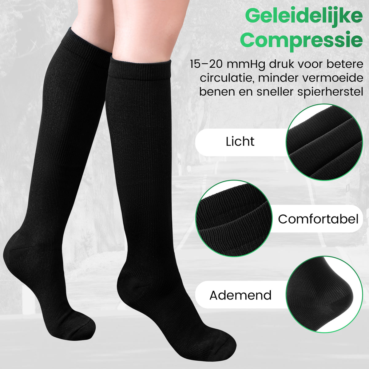 3 Paar Compressiekousen 15-20 mmHg - Hardloopsokken - Compressie Sokken voor Hardlopen, Vliegtuig, Wandelen - Zwart