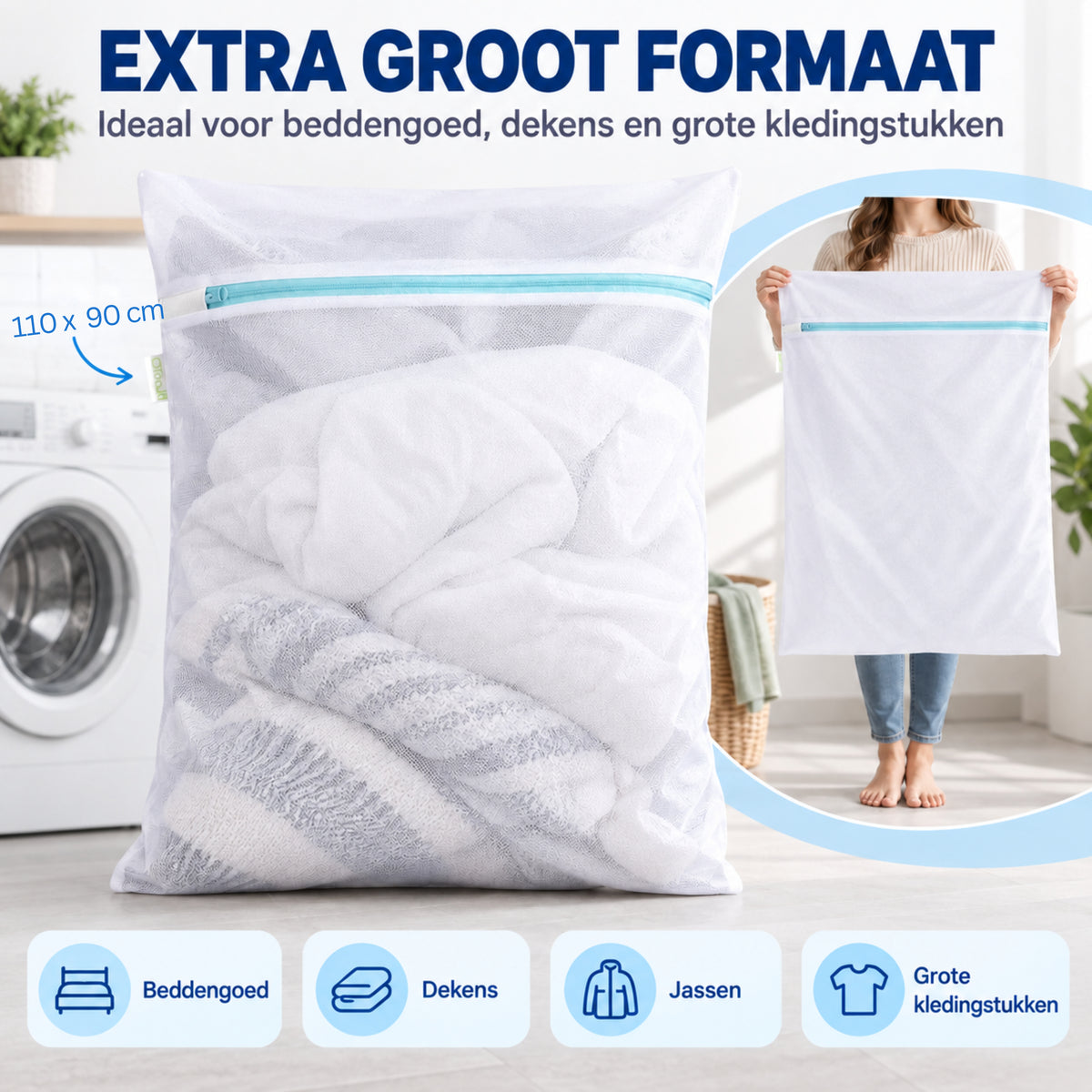 Waszak Groot - 110 x 90 CM - Waszak met Rits - Laundry Bag - Waszakken - Wit