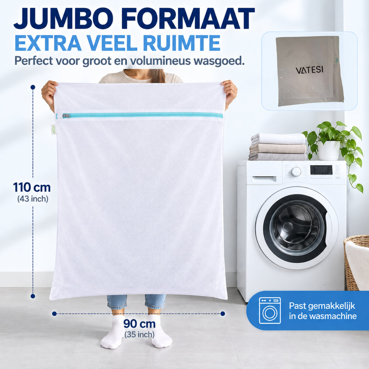 Waszak Groot - 110 x 90 CM - Waszak met Rits - Laundry Bag - Waszakken - Wit