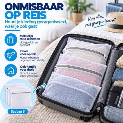 Waszakjes met Rits - Set van 3 - 61 x 61 CM - Wasnetten - Laundry Bags - Wit