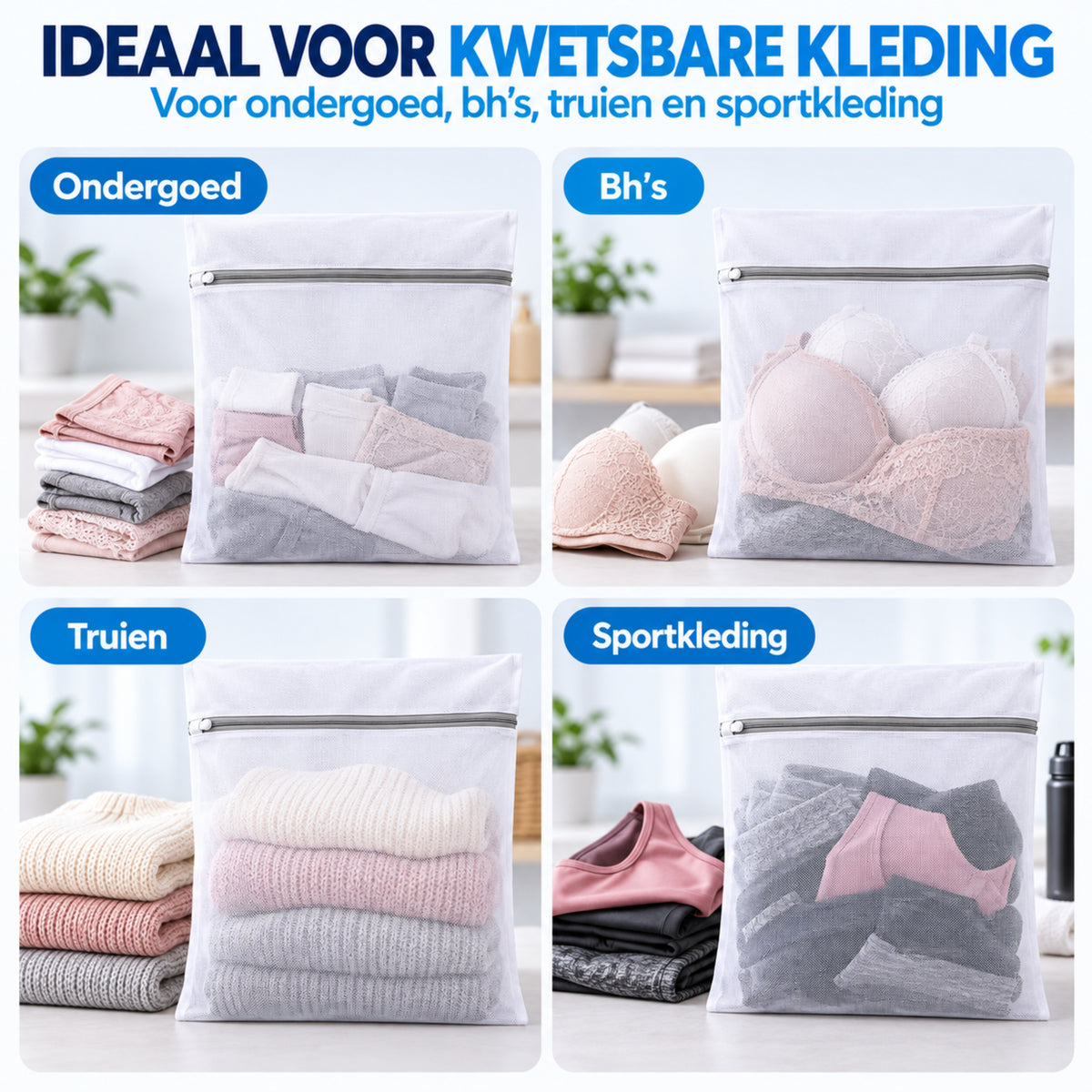 Waszakjes met Rits - Set van 3 - 61 x 61 CM - Wasnetten - Laundry Bags - Wit
