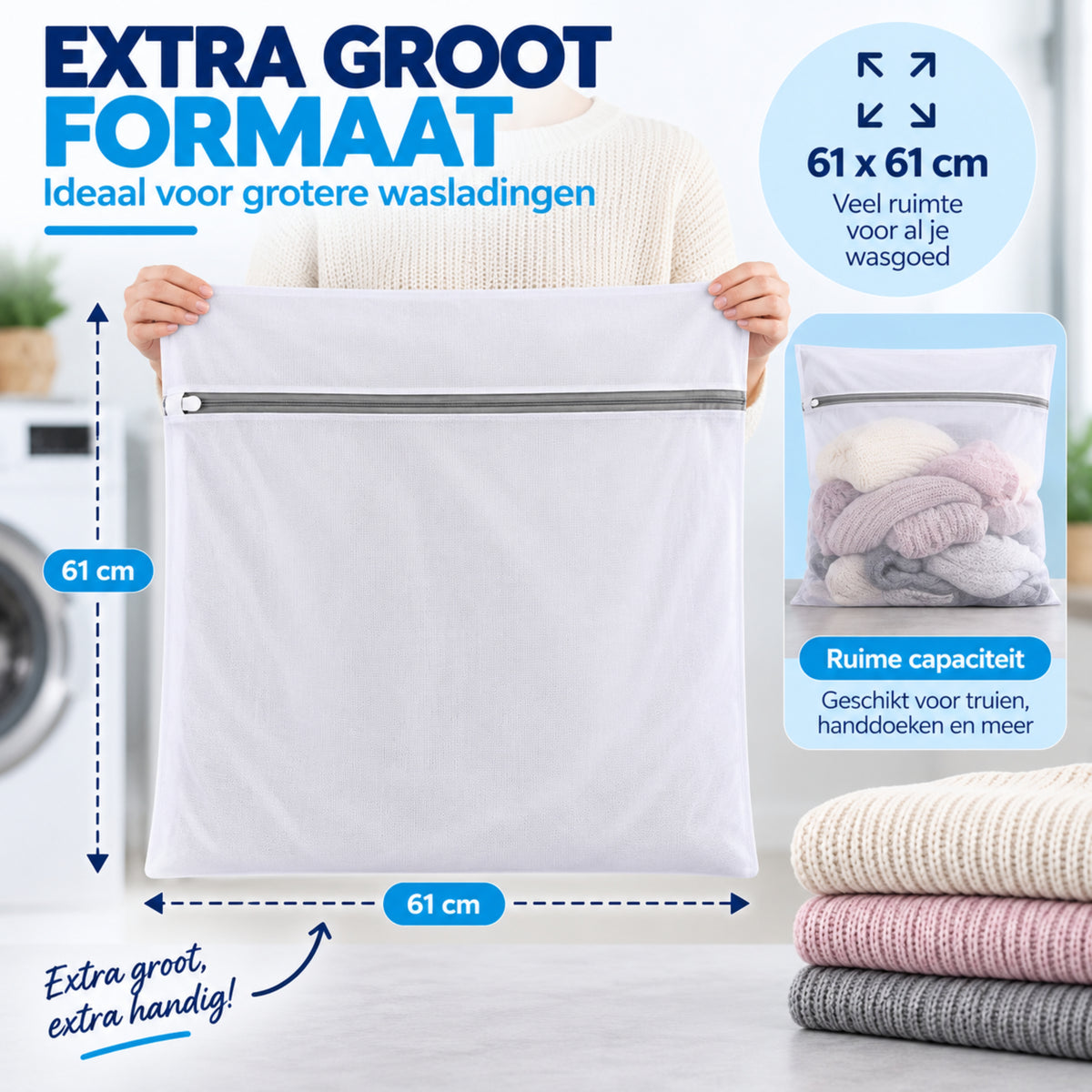 Waszakjes met Rits - Set van 3 - 61 x 61 CM - Wasnetten - Laundry Bags - Wit
