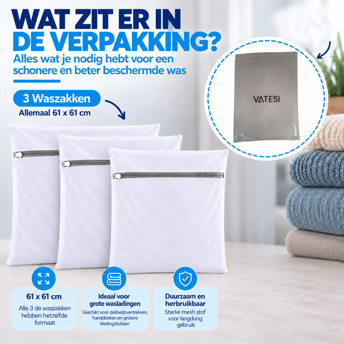 Waszakjes met Rits - Set van 3 - 61 x 61 CM - Wasnetten - Laundry Bags - Wit