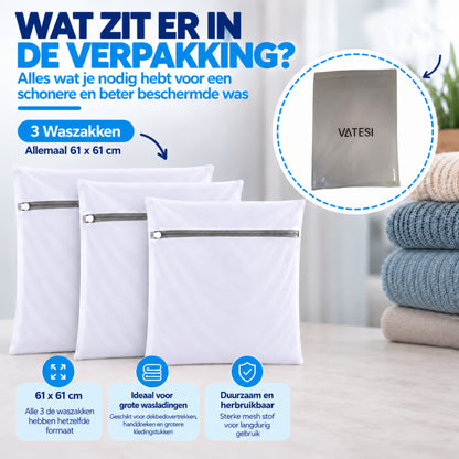 Waszakjes met Rits - Set van 3 - 61 x 61 CM - Wasnetten - Laundry Bags - Wit