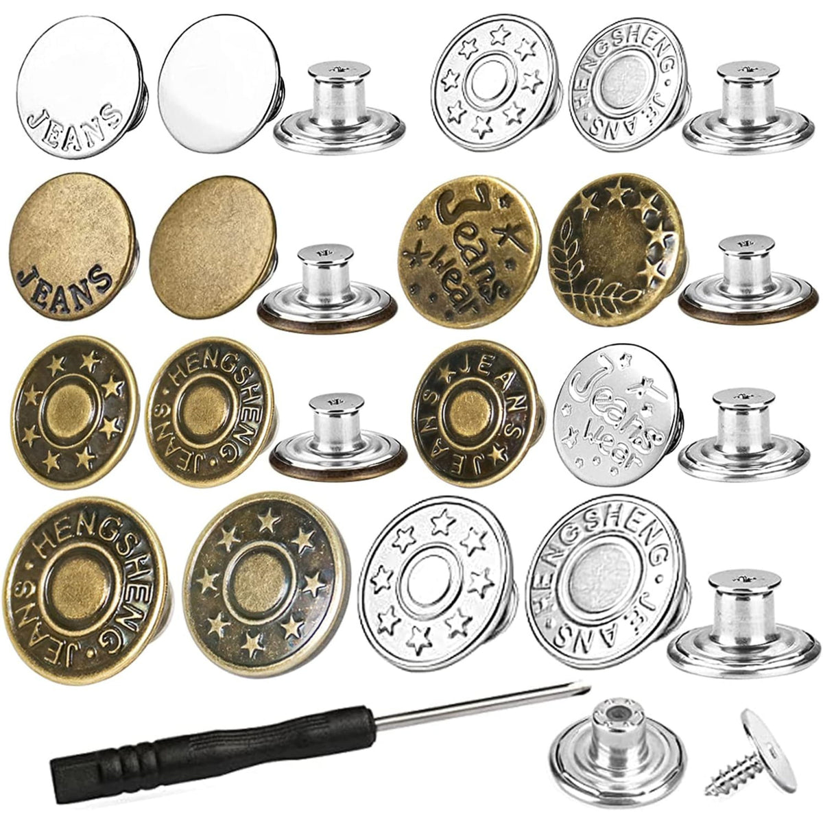 Jeansknopen 32 Stuks - 17 & 20 mm - Knopen voor Kleding - Broekknopen - Inslagknopen - Brons en Zilver