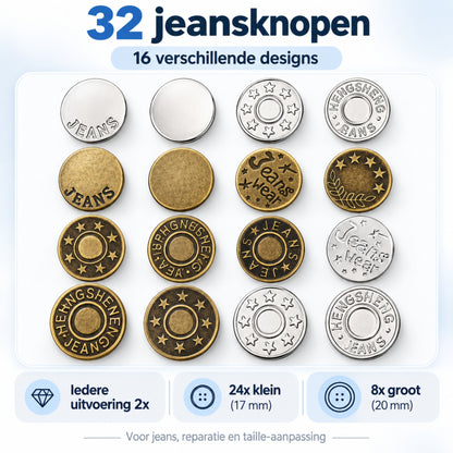 Jeansknopen 32 Stuks - 17 & 20 mm - Knopen voor Kleding - Broekknopen - Inslagknopen - Brons en Zilver