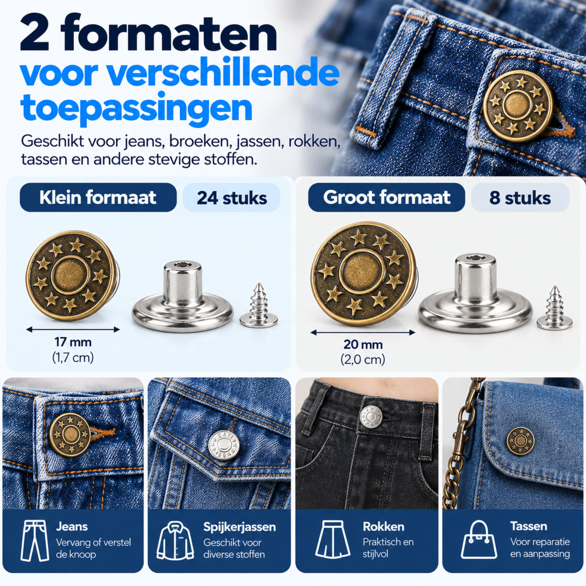 Jeansknopen 32 Stuks - 17 & 20 mm - Knopen voor Kleding - Broekknopen - Inslagknopen - Brons en Zilver
