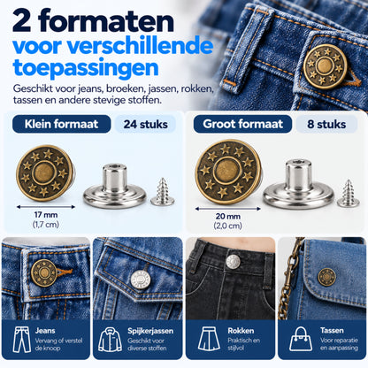 Jeansknopen 32 Stuks - 17 & 20 mm - Knopen voor Kleding - Broekknopen - Inslagknopen - Brons en Zilver