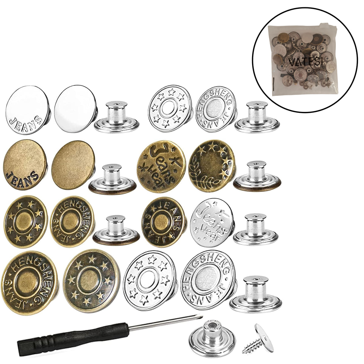 Jeansknopen 32 Stuks - 17 & 20 mm - Knopen voor Kleding - Broekknopen - Inslagknopen - Brons en Zilver