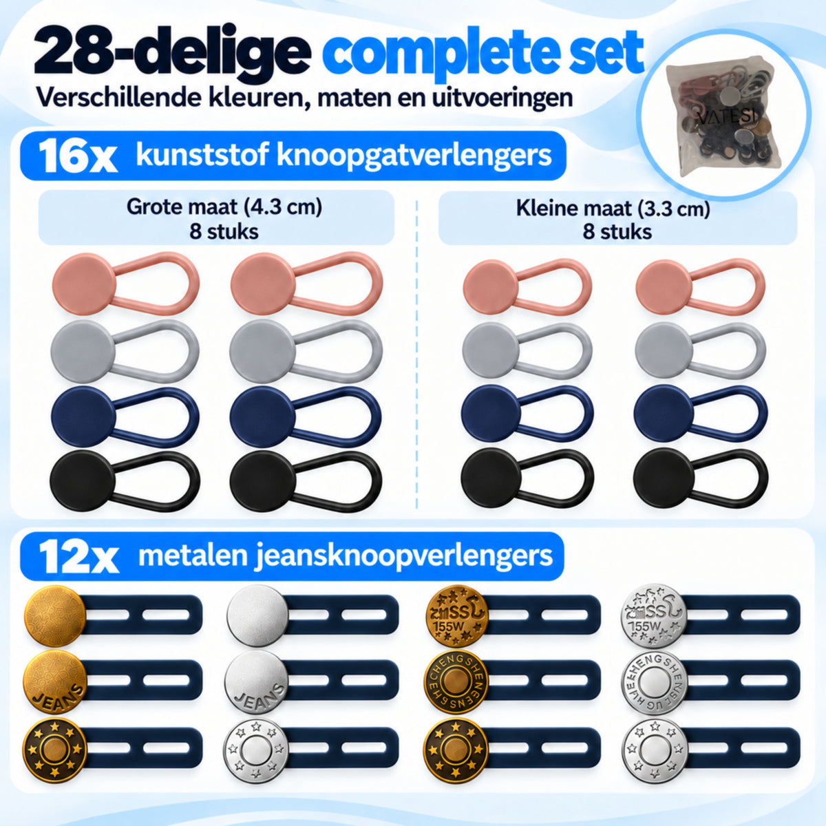 Knoopsgat Verlenger - Set van 28 Stuks - Broekverbreder - Knoopsgaten Elastiek - Knoopsverlenger - 15-18 MM