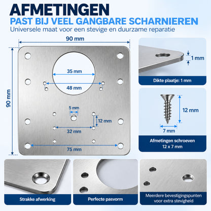 Scharnier Reparatie Plaat - 10 Stuks met 60 Schroeven - Geschikt voor Keukenkast en Kastdeur - Reparatieplaat - Bevestingsplaat RVS - 9 x 9 CM