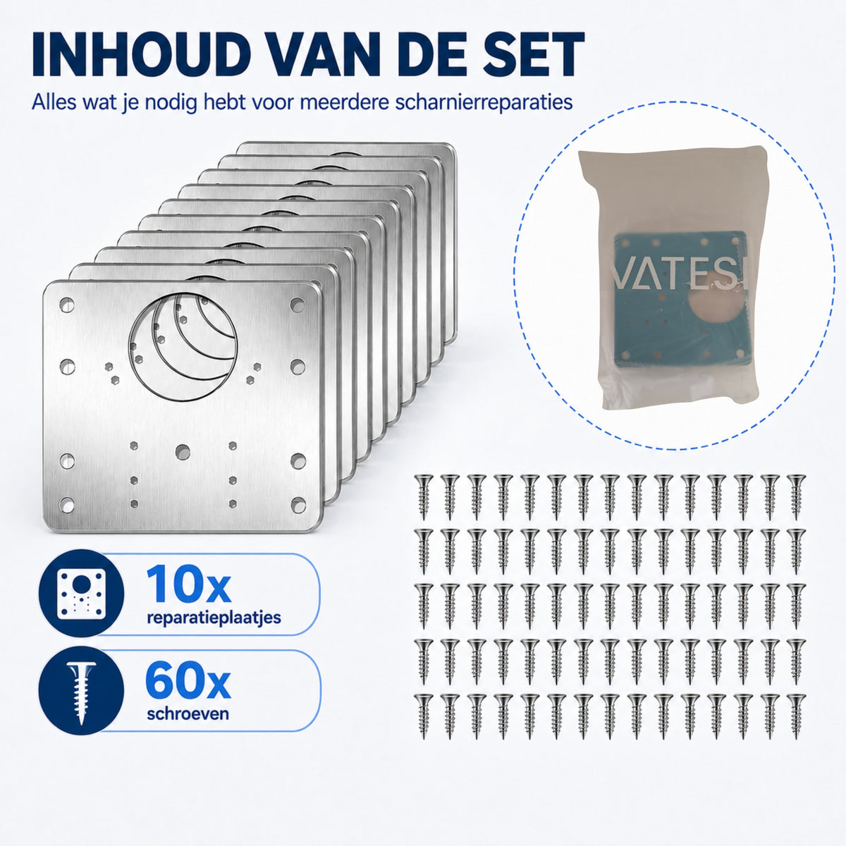 Scharnier Reparatie Plaat - 10 Stuks met 60 Schroeven - Geschikt voor Keukenkast en Kastdeur - Reparatieplaat - Bevestingsplaat RVS - 9 x 9 CM
