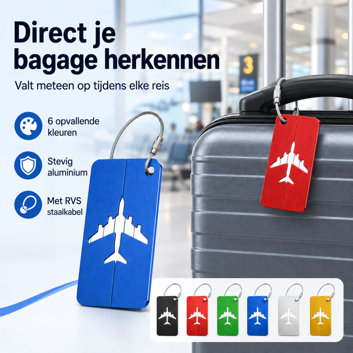 Kofferlabels 6 Stuks - Aliminium Bagagelabels - Naamlabel - Reisaccessoire - Set van 6 Kleuren