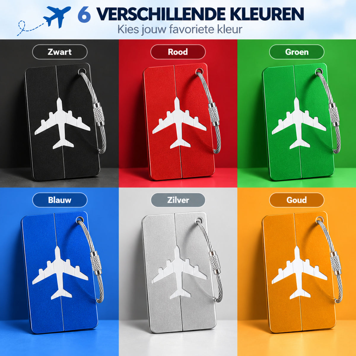 Kofferlabels 6 Stuks - Aliminium Bagagelabels - Naamlabel - Reisaccessoire - Set van 6 Kleuren