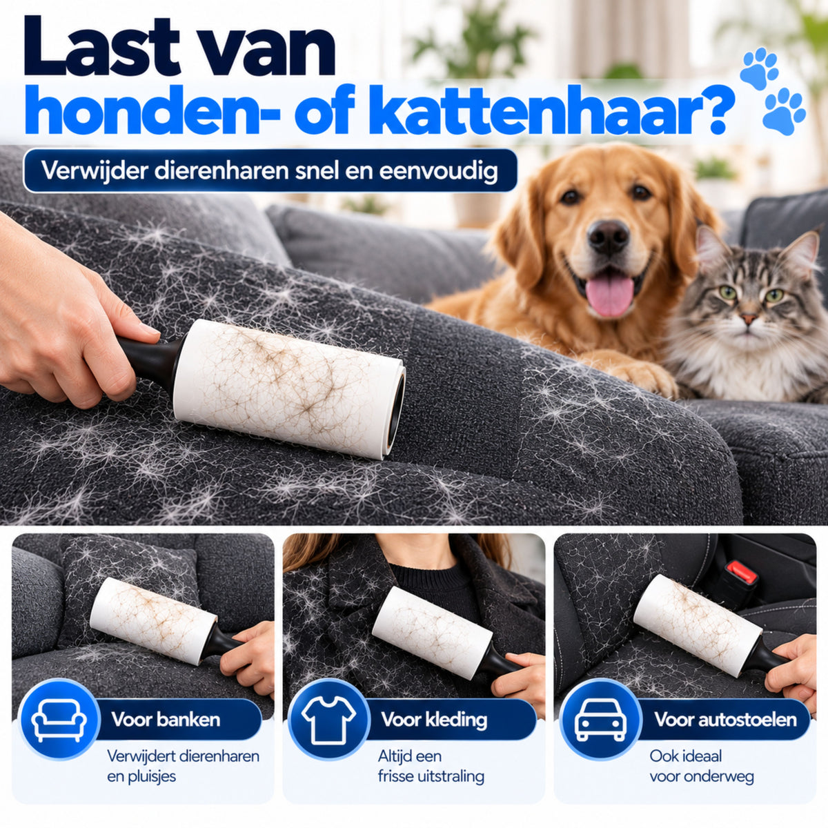 Kledingroller - 600 Kleefvellen - Kleefroller - Pluizenroller voor Kattenhaar, Hondenhaar & Pluizen - Plakroller - Pluizenverwijderaar