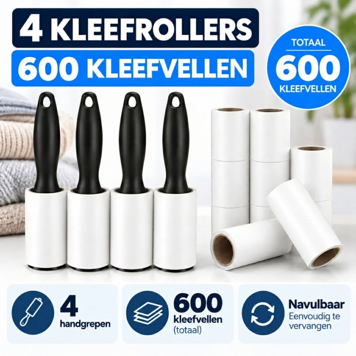 Kledingroller - 600 Kleefvellen - Kleefroller - Pluizenroller voor Kattenhaar, Hondenhaar & Pluizen - Plakroller - Pluizenverwijderaar
