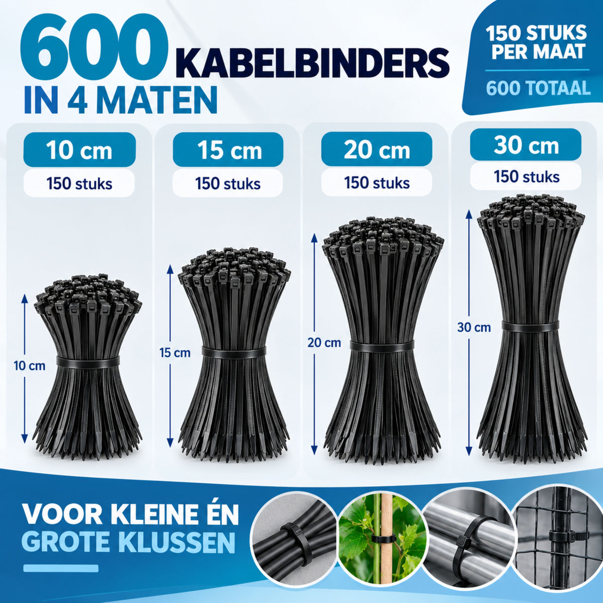 Kabelbinders - 600 Stuks - 10/15/20/30 CM - Tie Wraps - Kabelhouder