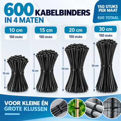Kabelbinders - 600 Stuks - 10/15/20/30 CM - Tie Wraps - Kabelhouder