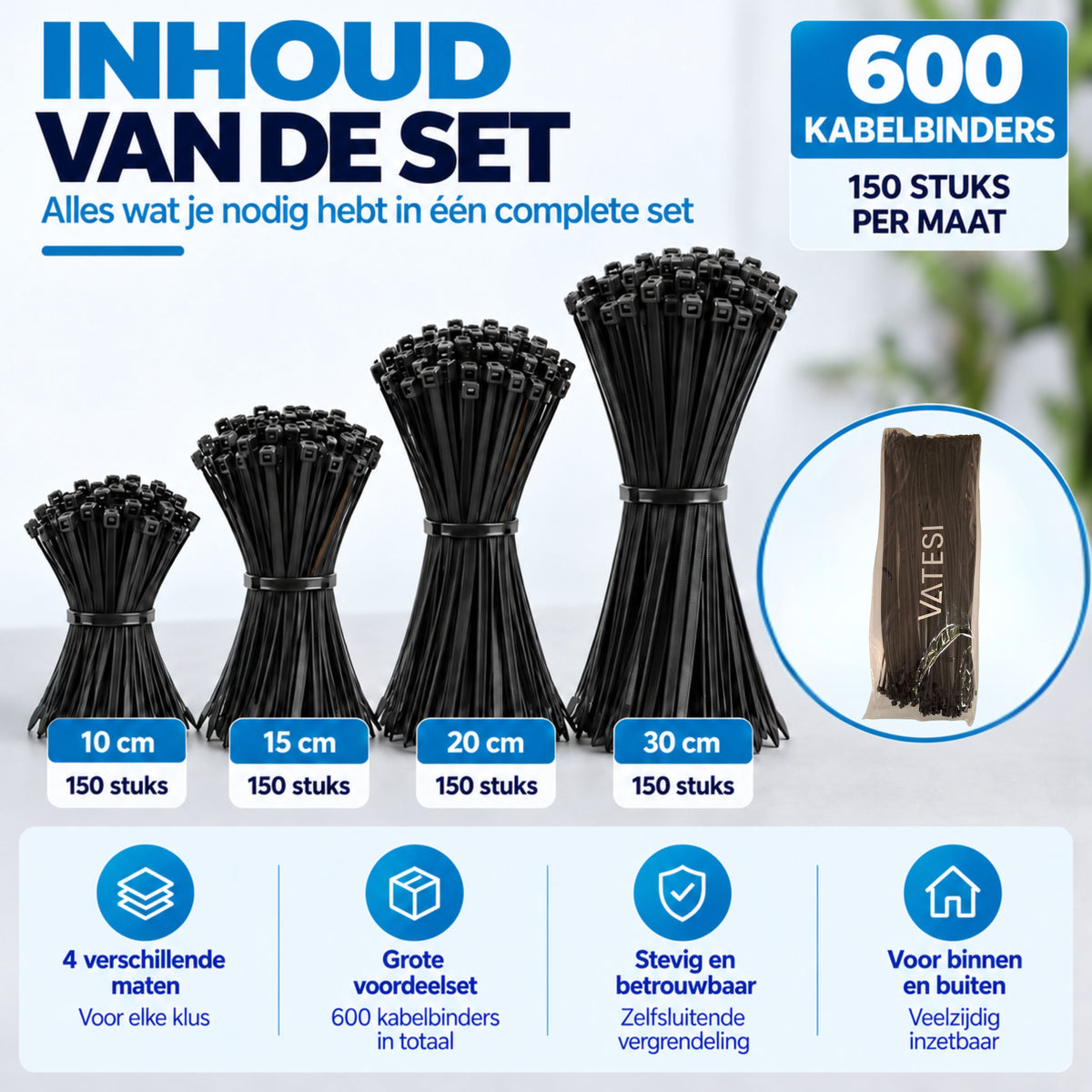 Kabelbinders - 600 Stuks - 10/15/20/30 CM - Tie Wraps - Kabelhouder