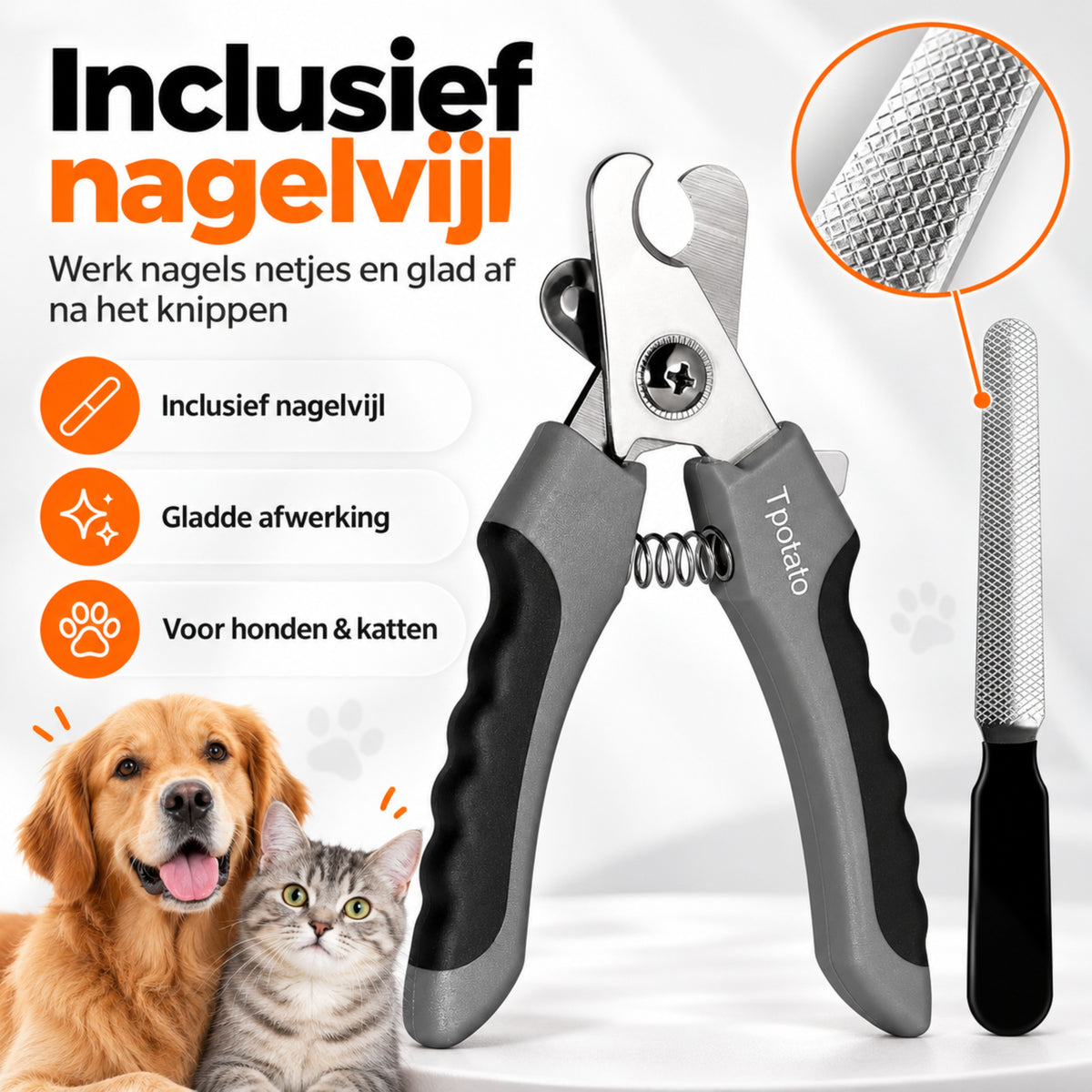 Professionele Nagelknipper Hond en Kat - Nageltang Met Veiligheidsstop en Nagelvijl - Grijs