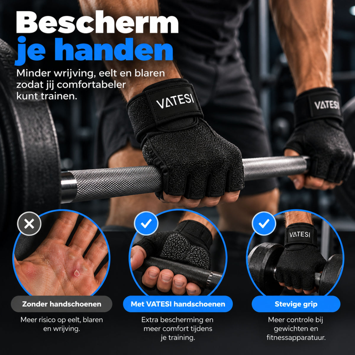 Fitness Handschoenen - Krachttraining, Gym & Crossfit - Sporthandschoenen geschikt voor Dames & Heren - Zwart - Maat: L