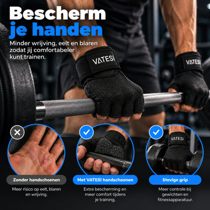Fitness Handschoenen - Krachttraining, Gym & Crossfit - Sporthandschoenen geschikt voor Dames & Heren - Zwart - Maat: L