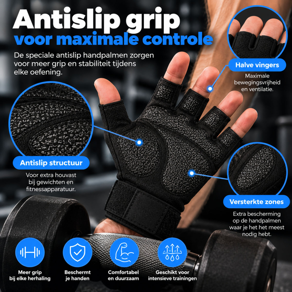 Fitness Handschoenen - Krachttraining, Gym & Crossfit - Sporthandschoenen geschikt voor Dames & Heren - Zwart - Maat: L