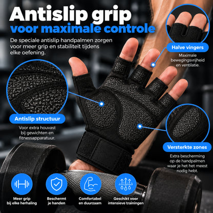 Fitness Handschoenen - Krachttraining, Gym & Crossfit - Sporthandschoenen geschikt voor Dames & Heren - Zwart - Maat: L
