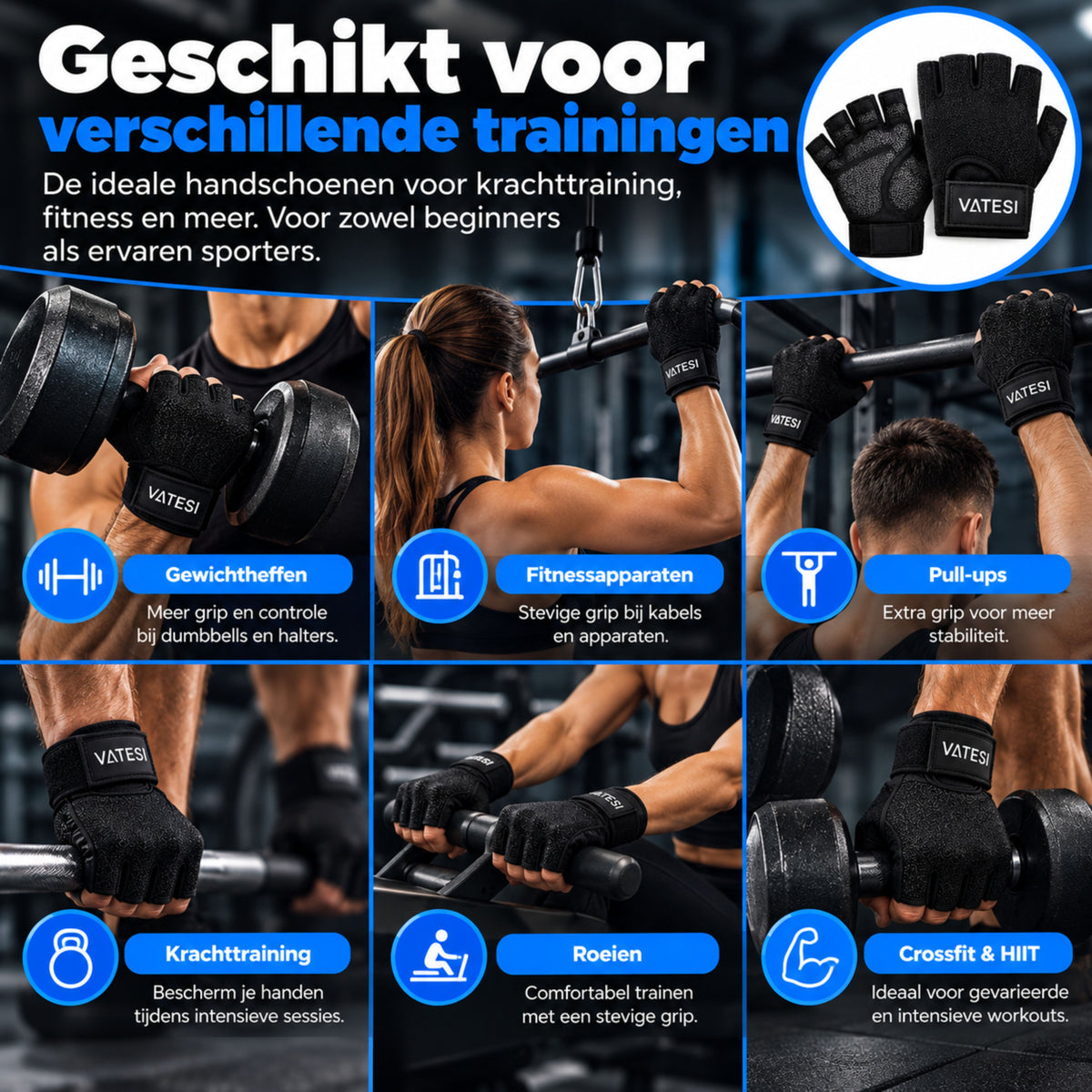Fitness Handschoenen - Krachttraining, Gym & Crossfit - Sporthandschoenen geschikt voor Dames & Heren - Zwart - Maat: L