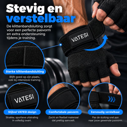 Fitness Handschoenen - Krachttraining, Gym & Crossfit - Sporthandschoenen geschikt voor Dames & Heren - Zwart - Maat: L