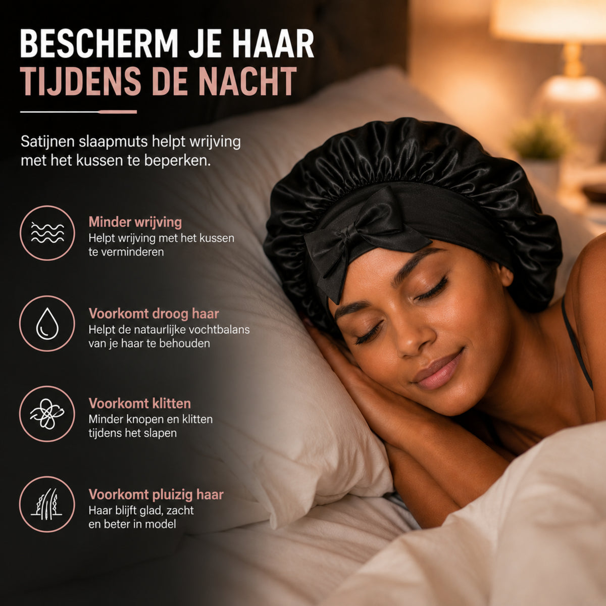 Luxe Bonnet Satijn Verstelbaar - 2 Stuks - Satijnen Slaapmuts - Haarnetjes - Unisex - Zwart