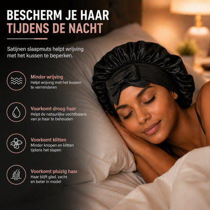 Luxe Bonnet Satijn Verstelbaar - 2 Stuks - Satijnen Slaapmuts - Haarnetjes - Unisex - Zwart