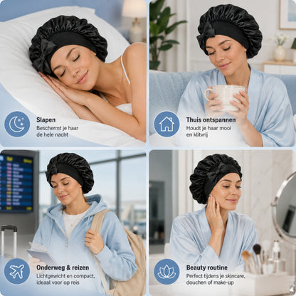 Luxe Bonnet Satijn Verstelbaar - 2 Stuks - Satijnen Slaapmuts - Haarnetjes - Unisex - Zwart